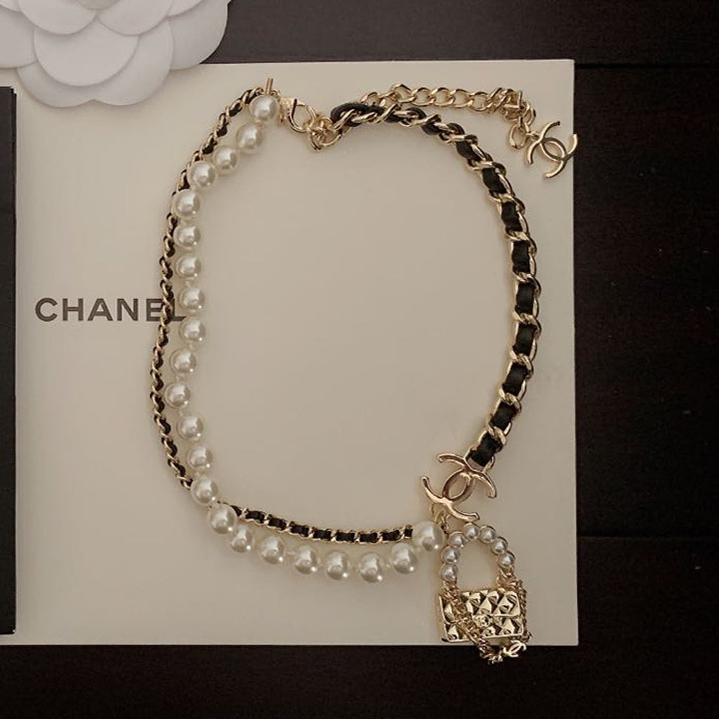 18K Chanel Pearl Leather Bag Pendant Necklace