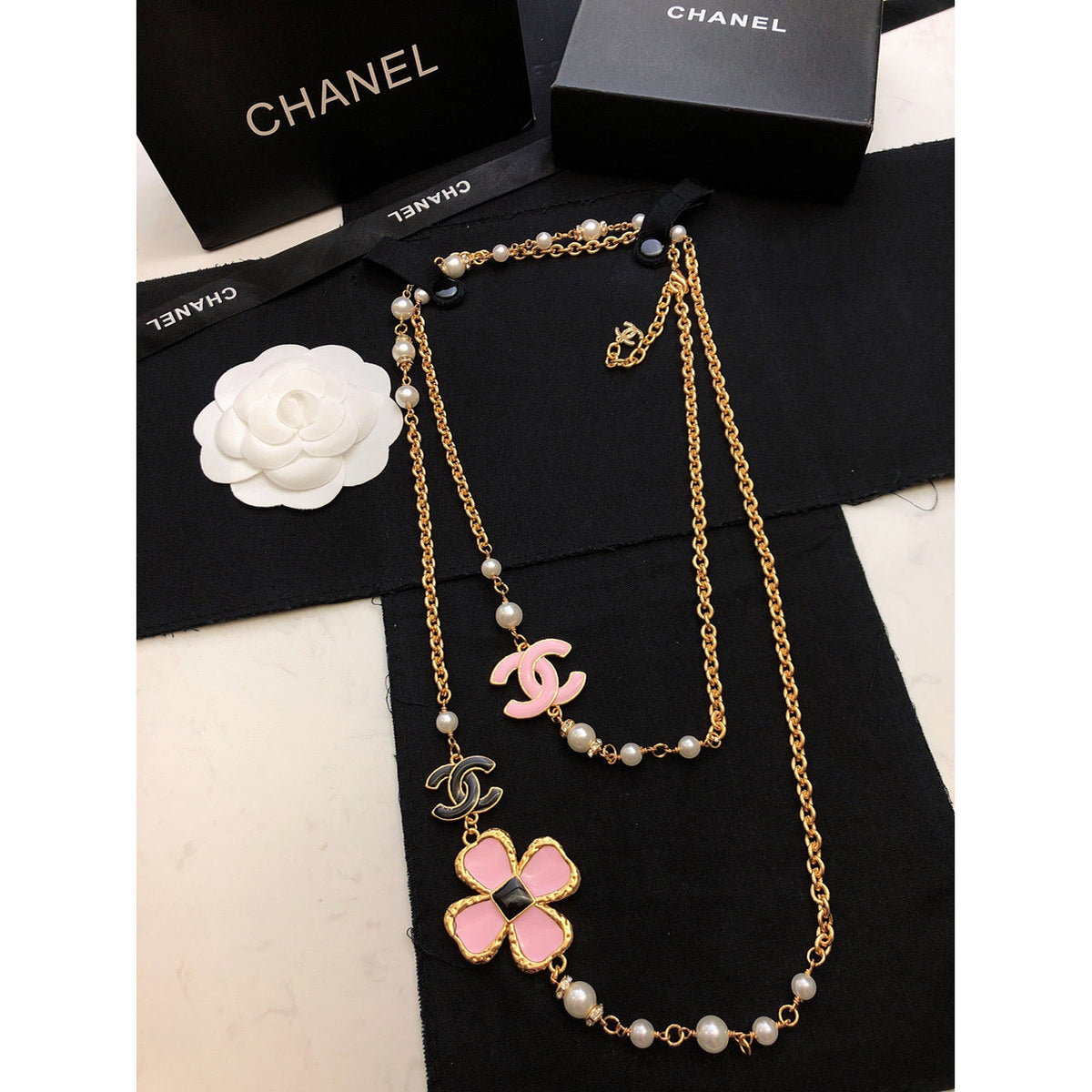 18K Chanel Pink Flowers Necklace