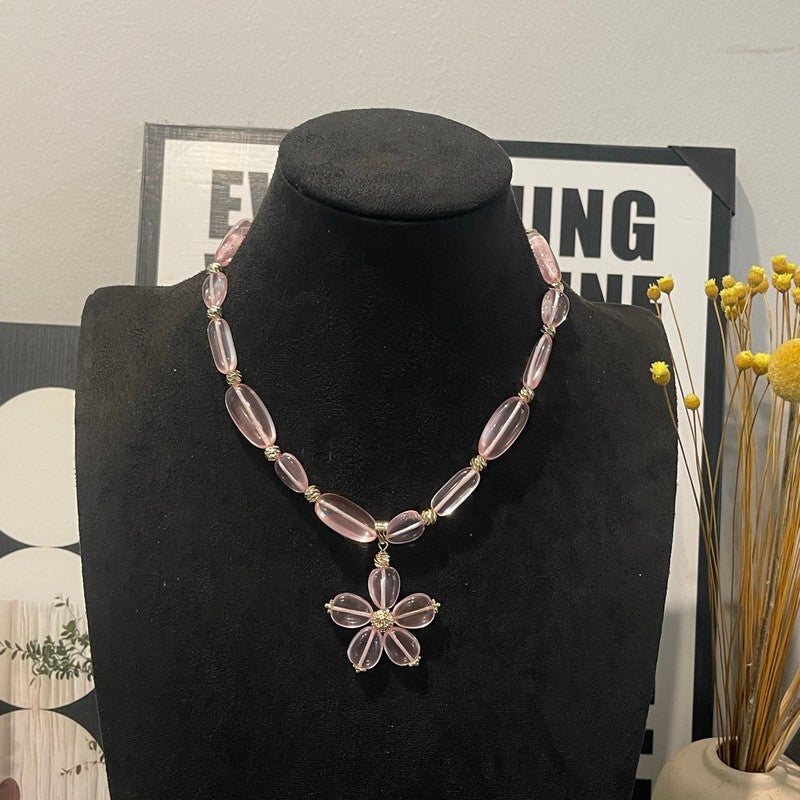 18K Chanel 26C Pink Crystal Flower Necklace