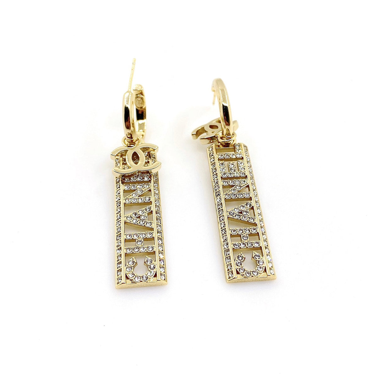 18K Chanel Crystals Long Letter Earrings