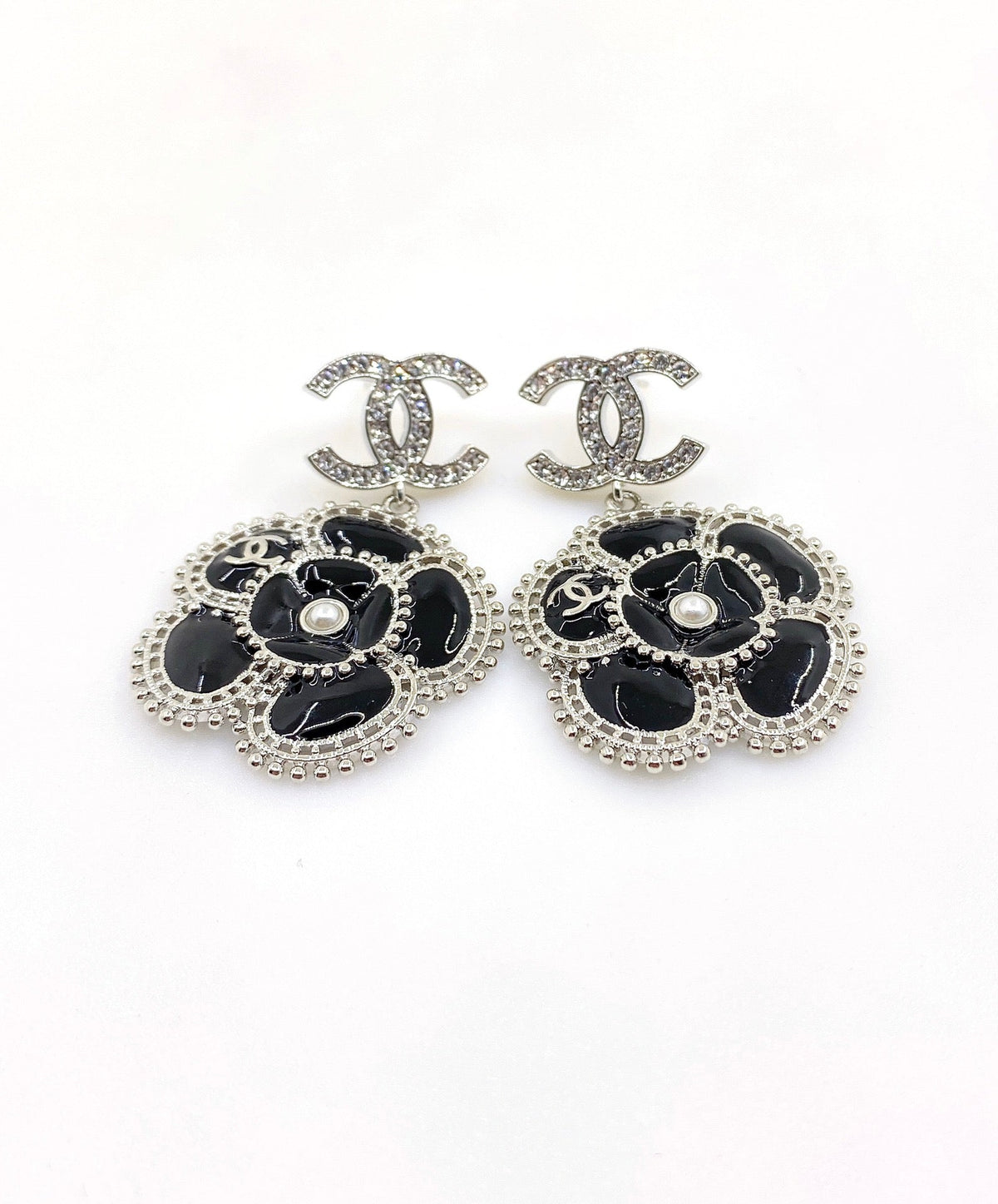 18K Chanel Black Pearl Camellia Earrings