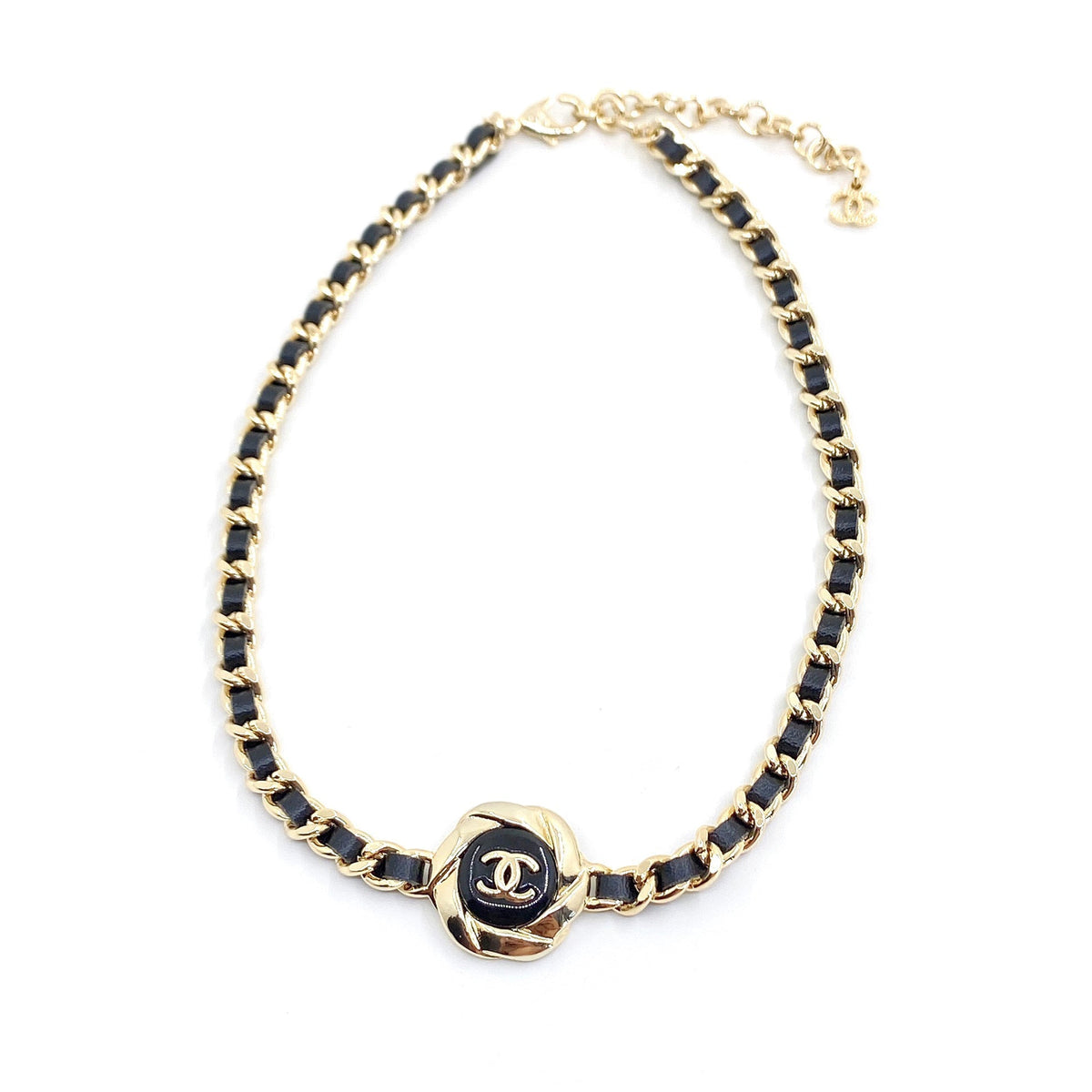 18K Chanel Rhinestone Leather Choker Necklace
