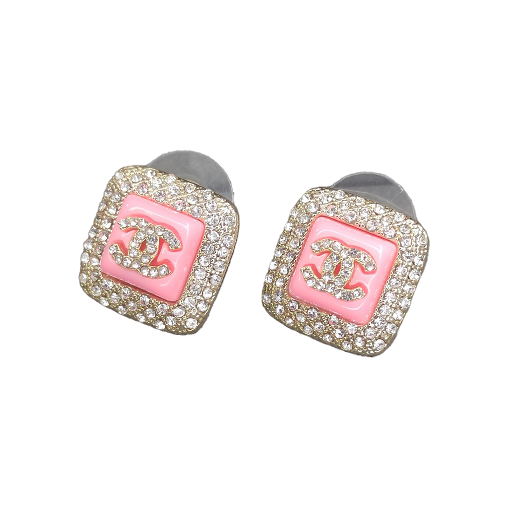 18K Chanel Diamond Square Pink Earrings