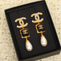 18K Chanel Long Pearl Pendant Earrings