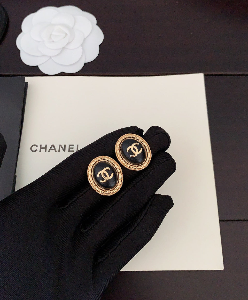 18K Chanel Oval Leather Earrings
