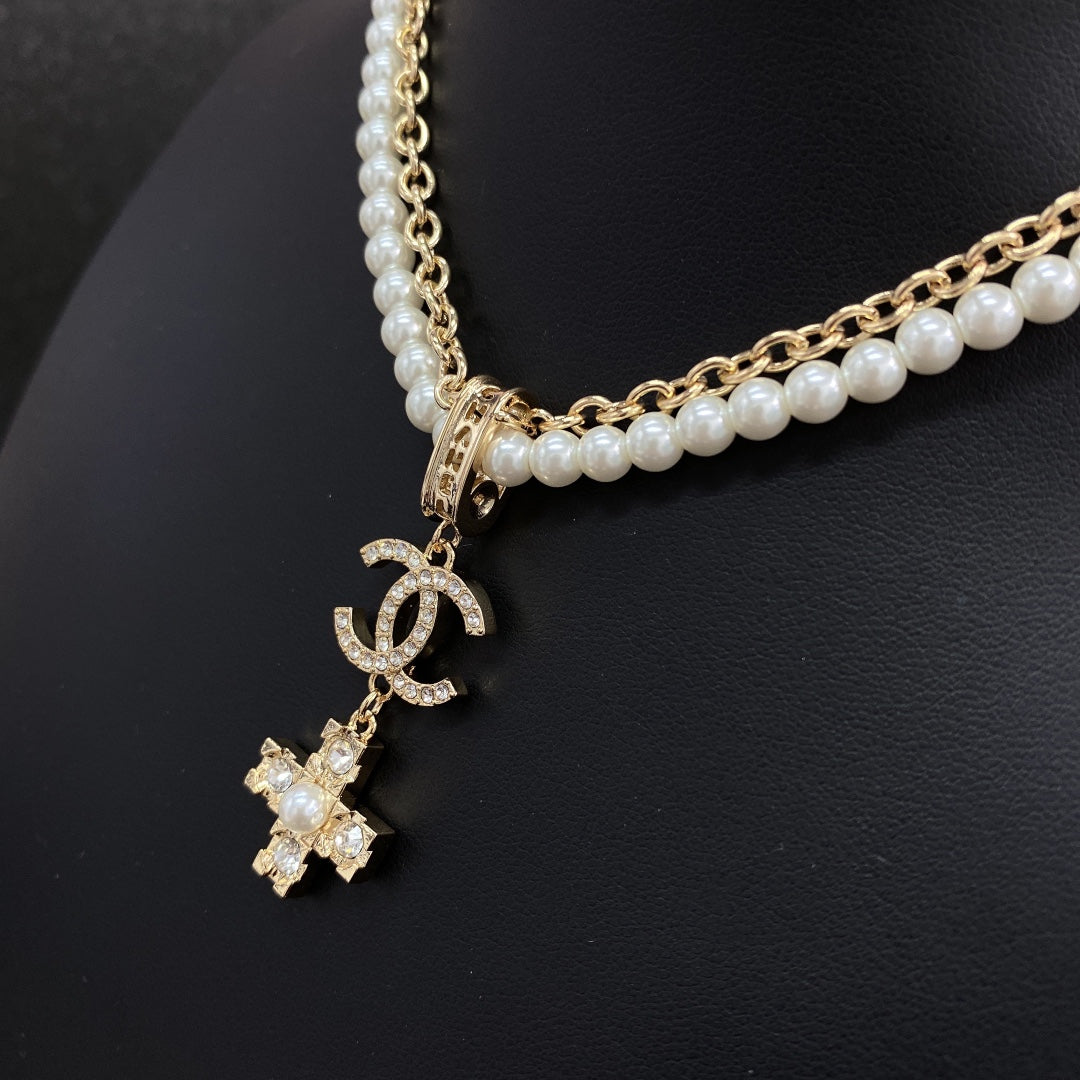 18K Chanel Cross Diamond Pearl Chain Necklace