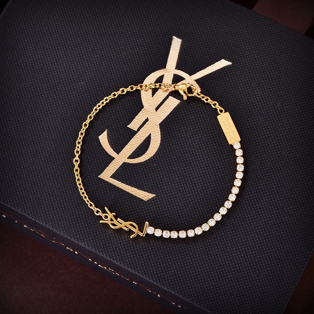 18K Saint Laurent YSL Crystals Chain Bracelet