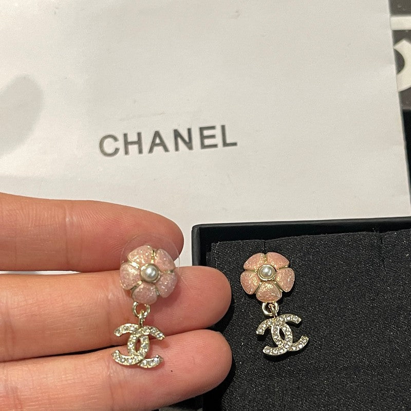 18K Chanel 26C Pink Camellia Diamond Earrings