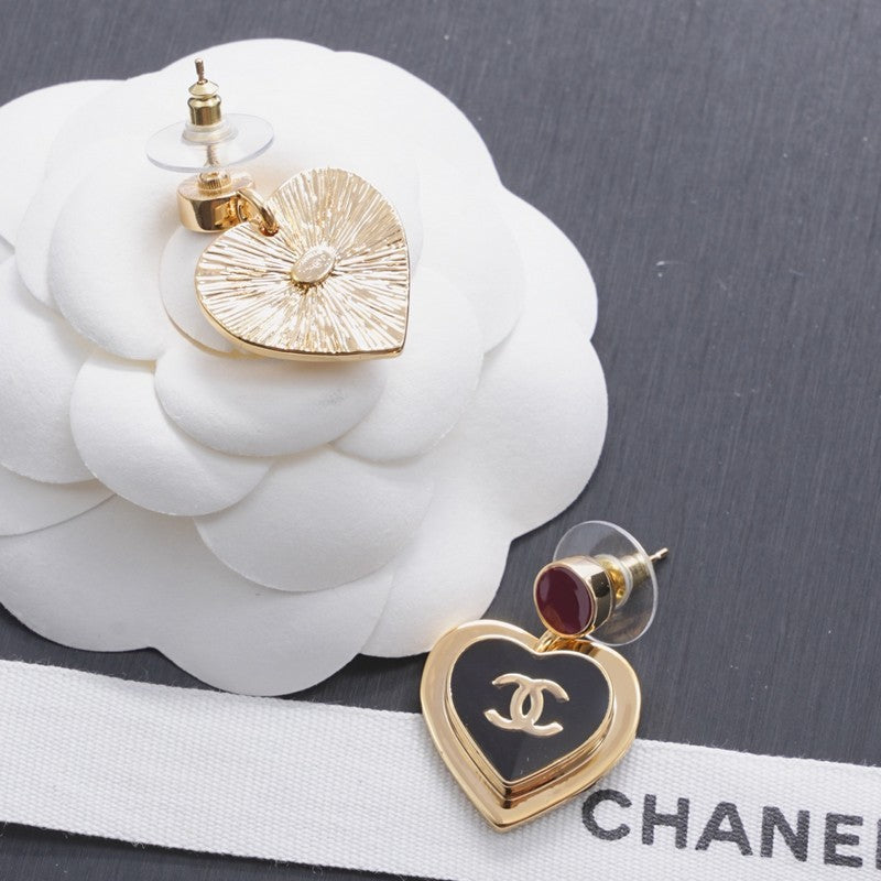 18K Chanel Black & Red Heart Gold Earrings