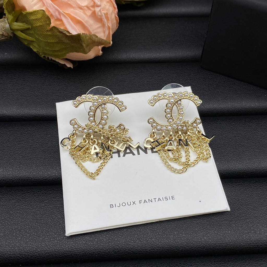 18K Chanel Pearl Chain Link Earrings