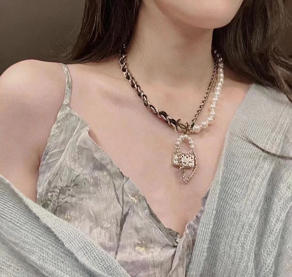 18K Chanel Pearl Bag Pendant Necklace