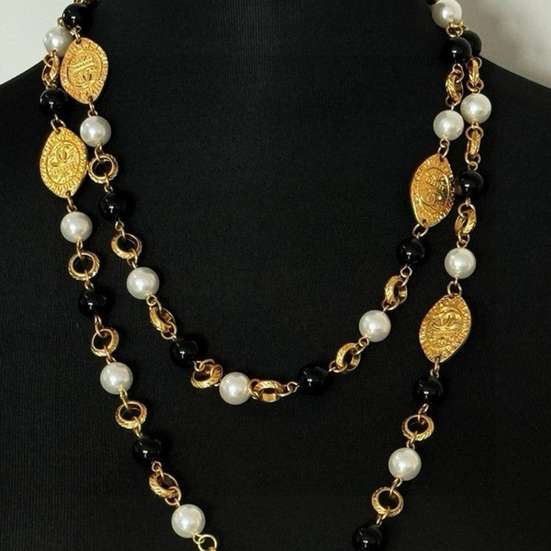 18K Chanel Long Black & White Pearls Necklace