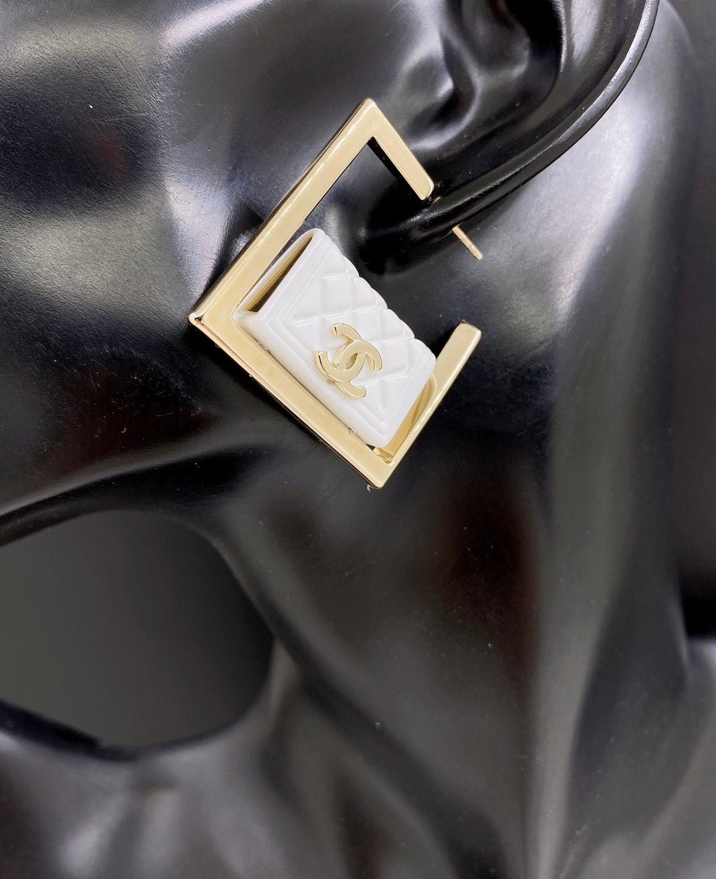 18K Chanel White Bag Pendant Earrings