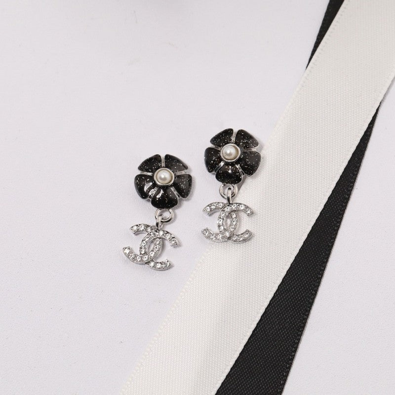 18K Chanel Black & Pink Camellia Diamond Earrings