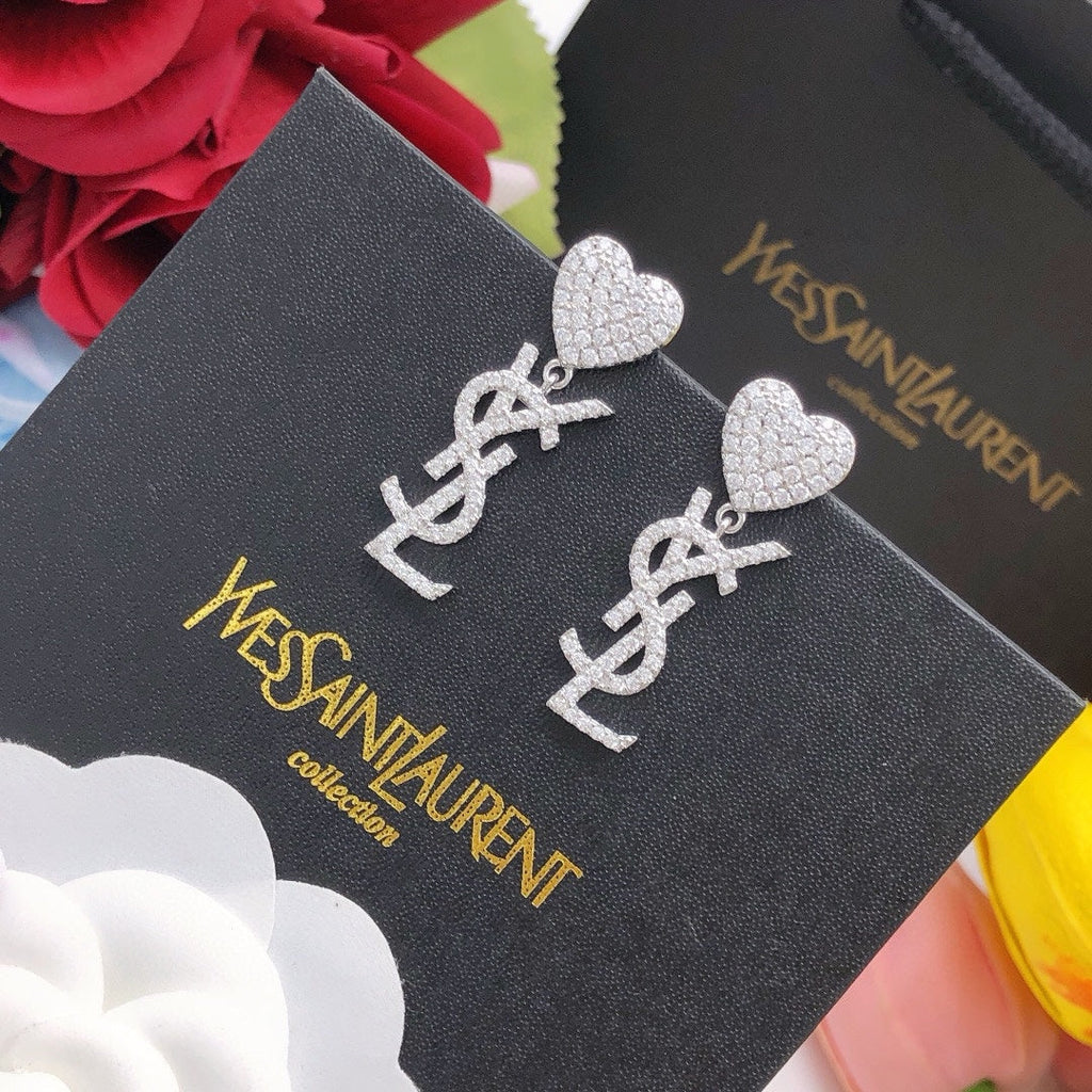 18K Saint Laurent YSL Heart Diamonds Earrings