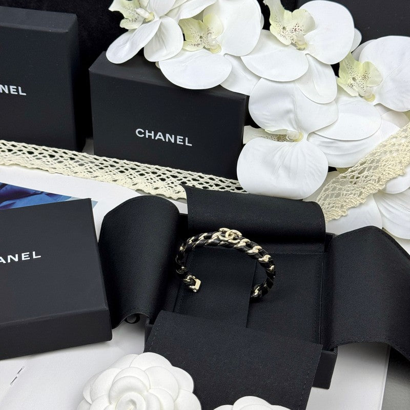 18K Chanel 26C Black Leather Cuff Bracelet