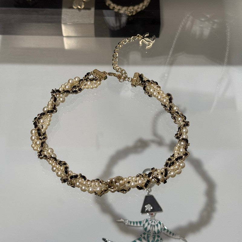 18K Chanel Pearl Leather Choker Necklace