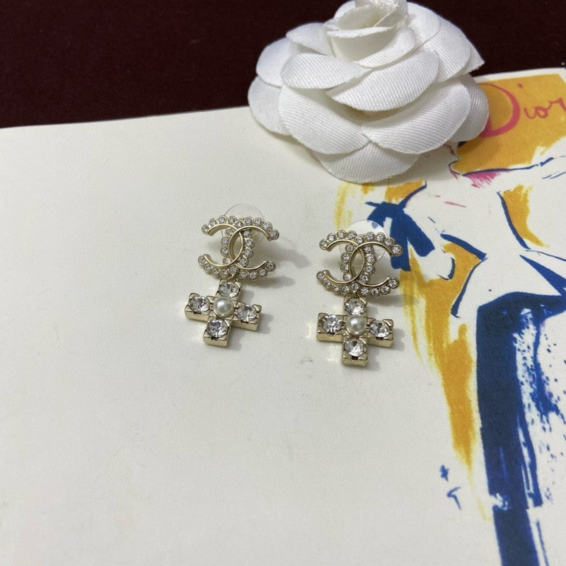 18K Chanel Cross Pearl & Diamond Earrings