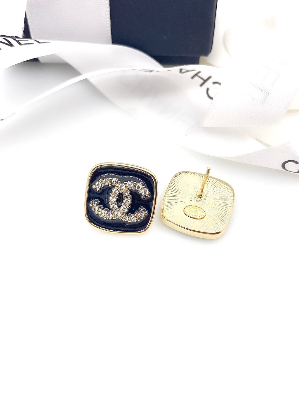 18K Chanel Square Resin Diamond Earrings