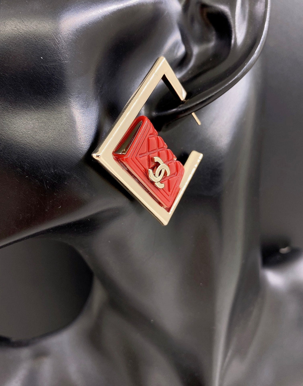 18K Chanel Red Bag Pendant Earrings