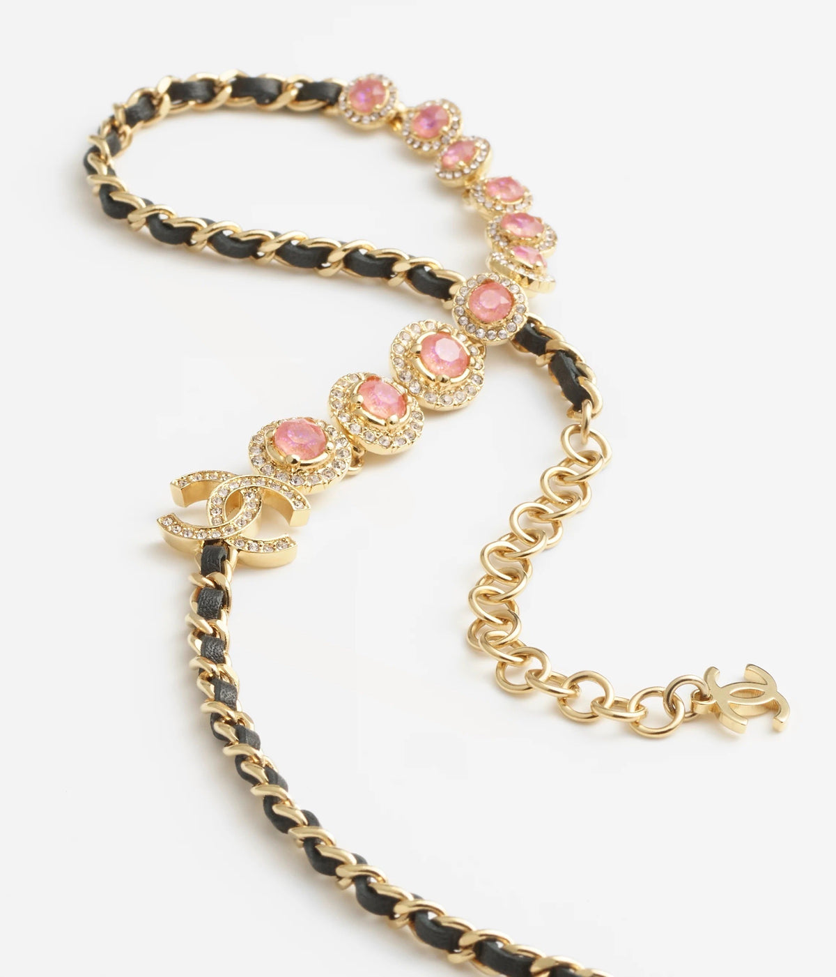 18K Chanel Pink Crystals Leather Necklace