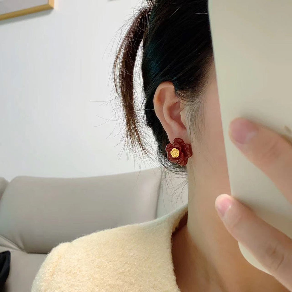 18K Chanel Red Camellia Resin Earrings