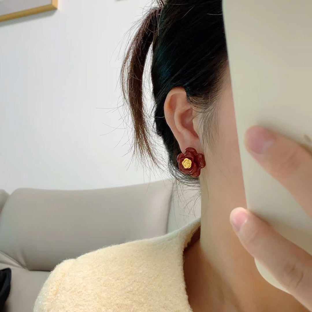 18K Chanel Red Camellia Resin Earrings