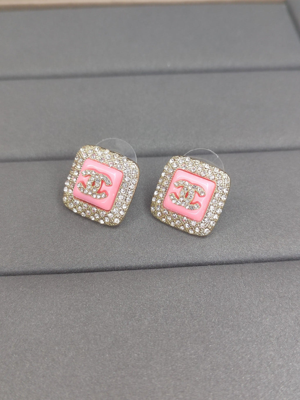 18K Chanel Diamond Square Pink Earrings