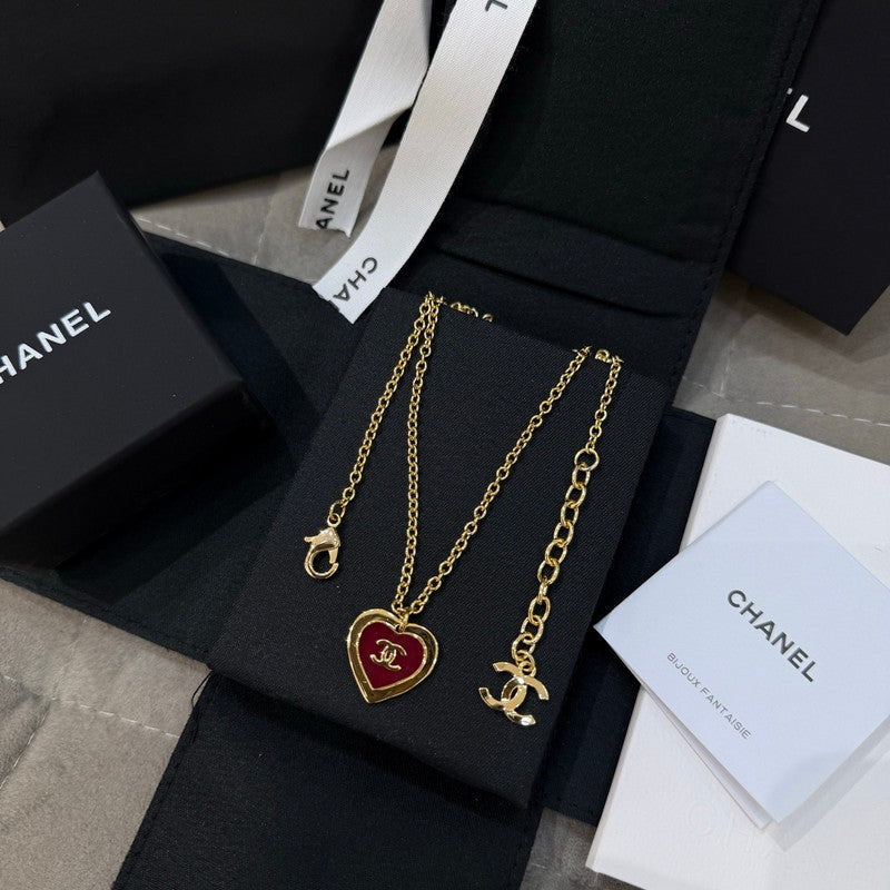 18K Chanel Black & Red Heart Gold Necklace