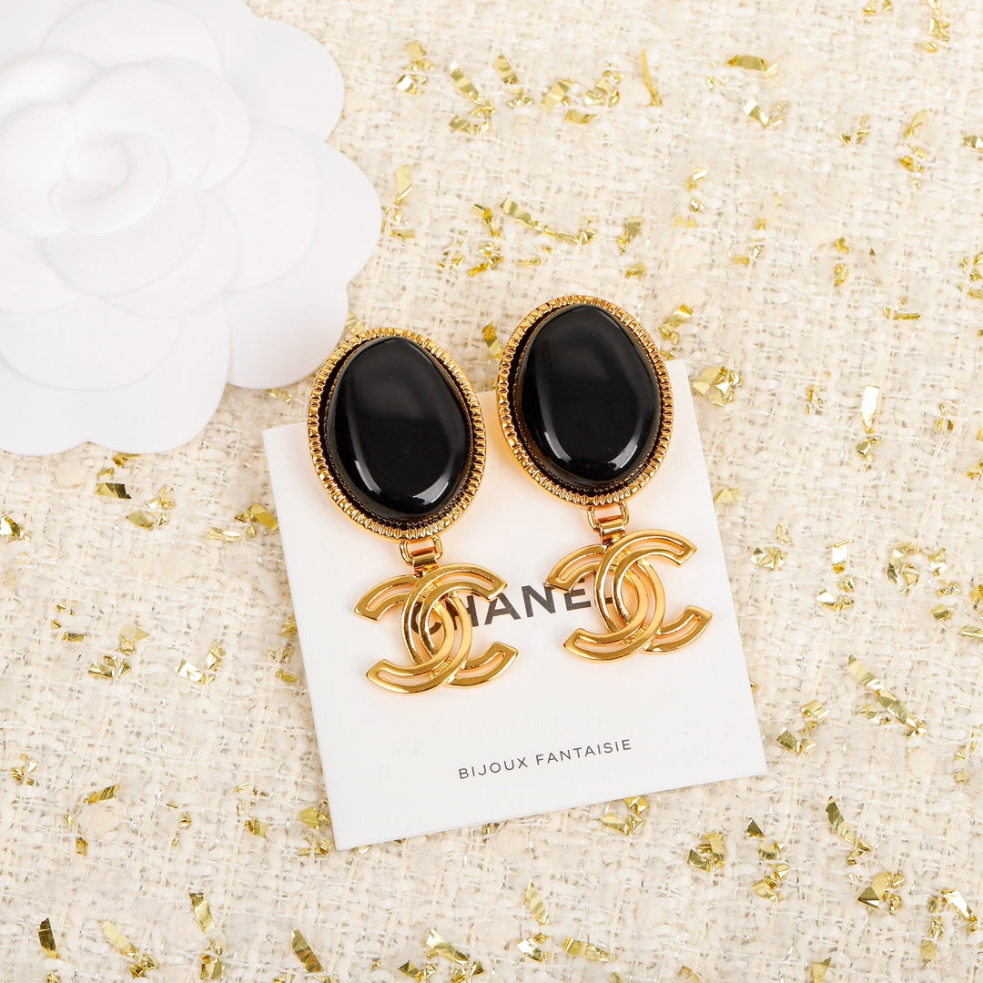 18K Chanel Black Crystal Pendant Earrings