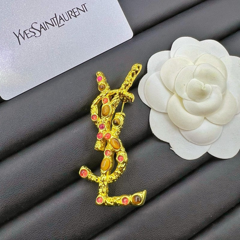 18K Saint Laurent YSL Crystal Brooch