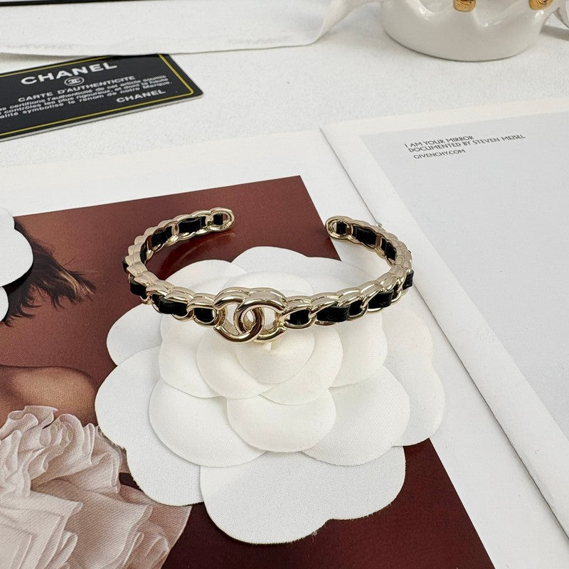 18K Chanel Black Leather Cuff Bracelet