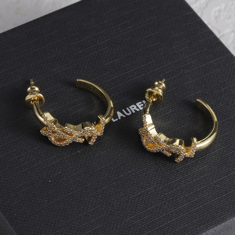 18K Saint Laurent YSL Gold Diamond Circle Earrings