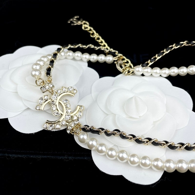 18K Chanel Pearl Chain Leather Necklace