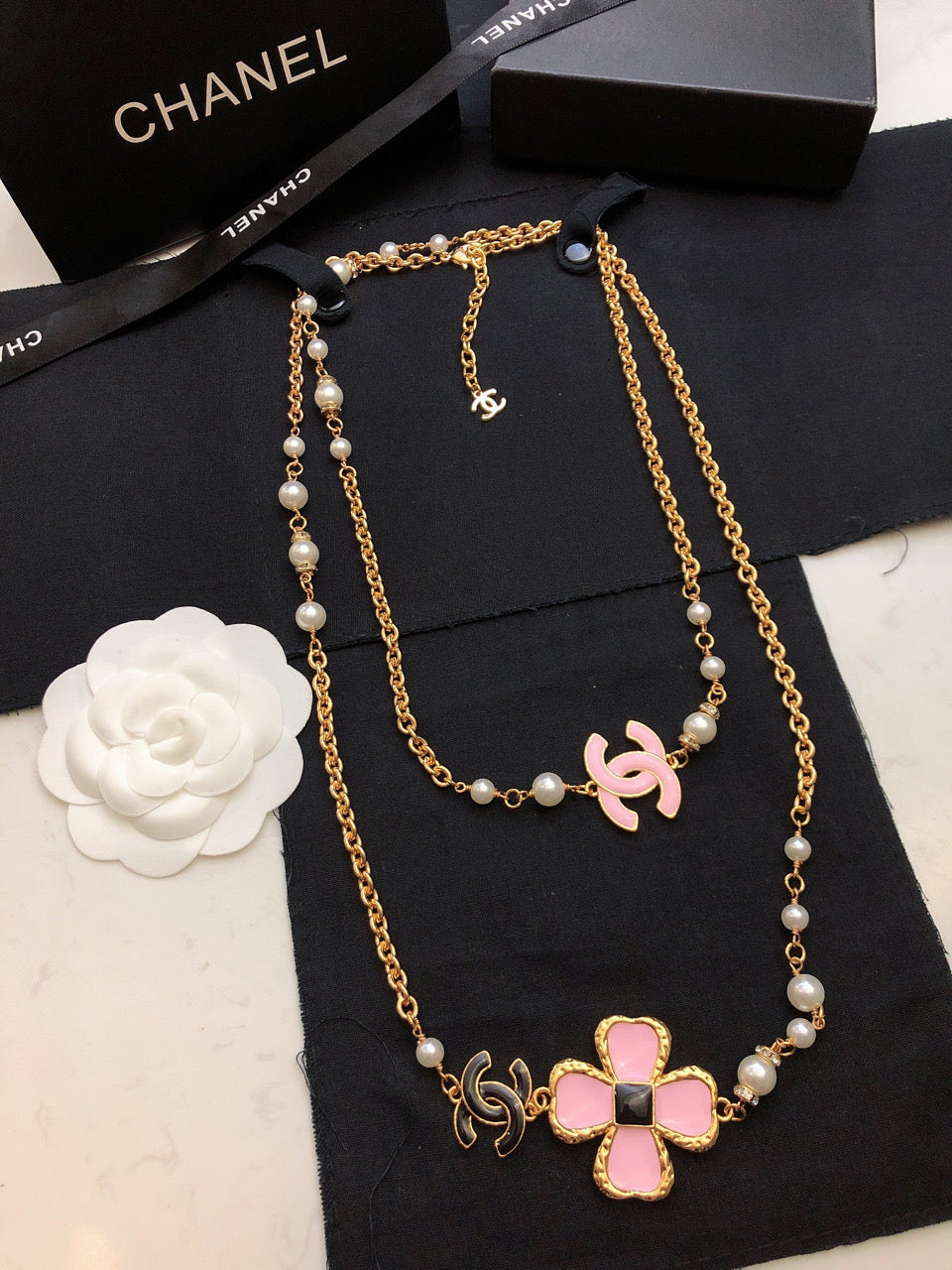 18K Chanel Pink Flowers Necklace