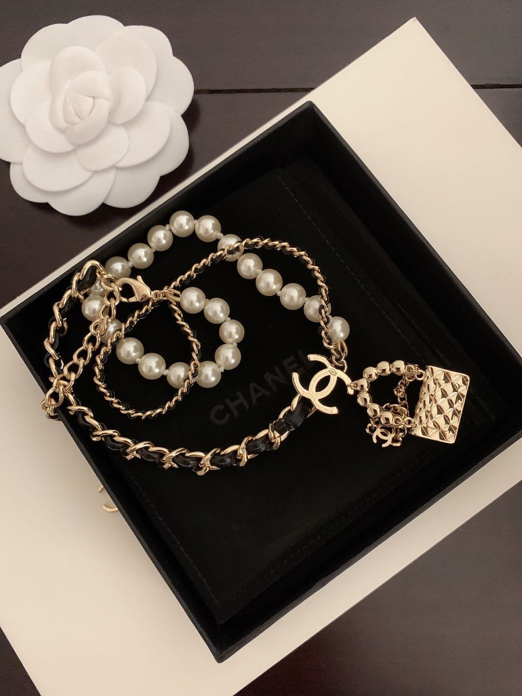 18K Chanel Pearl Leather Bag Pendant Necklace
