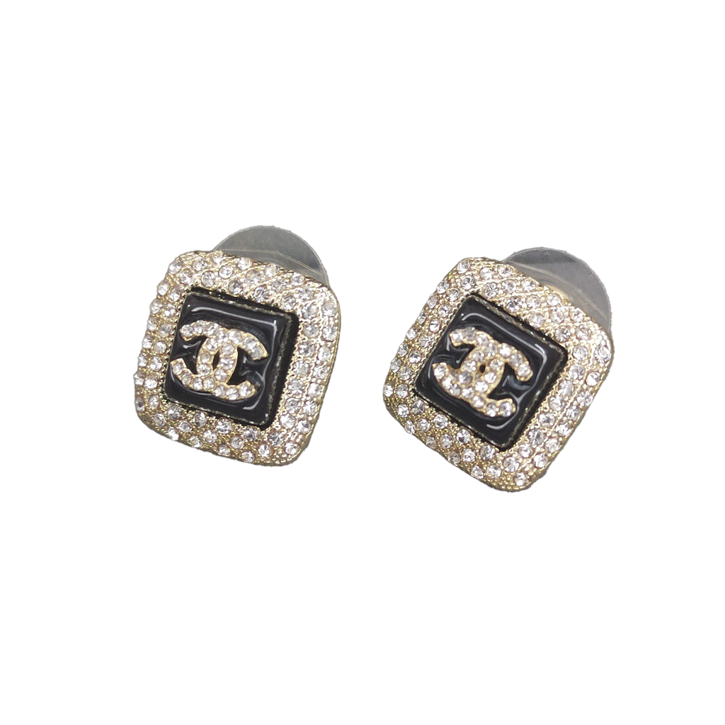 18K Chanel Diamond Square Black Earrings