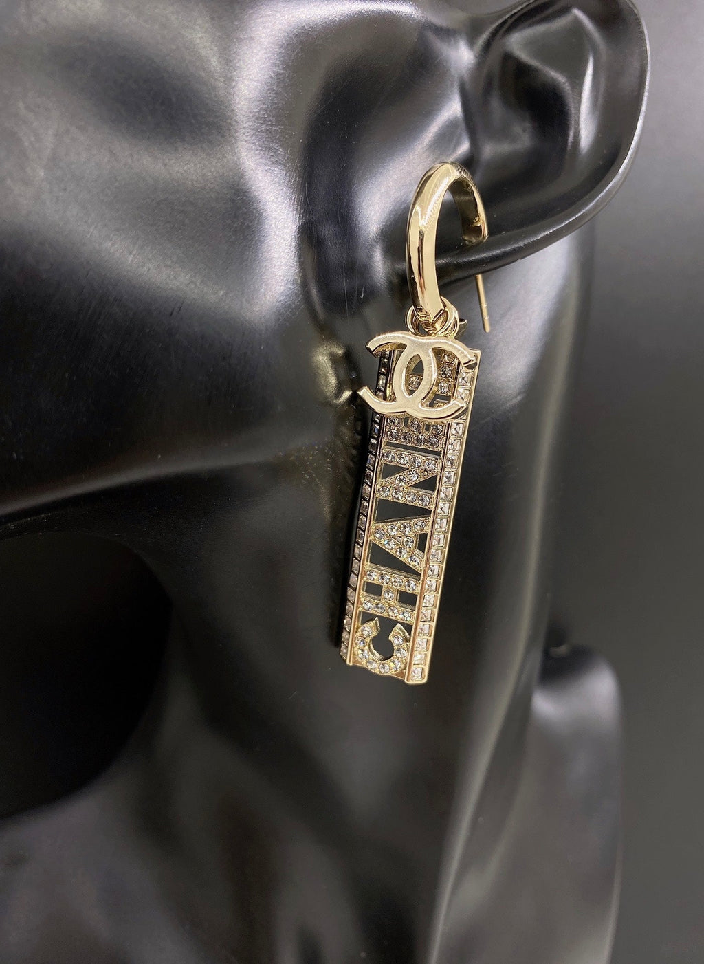 18K Chanel Crystals Long Letter Earrings