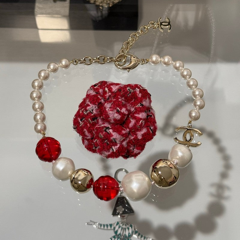18K Chanel Red Crystal Pearl Choker Necklace