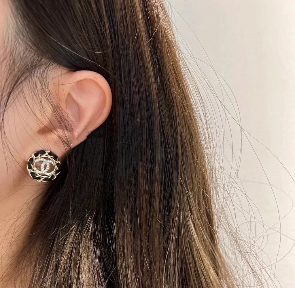 18K Chanel Black Leather Earrings