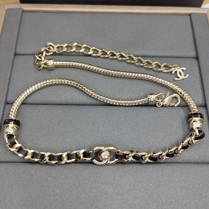18K Chanel Black Leather Gold Chain Necklace