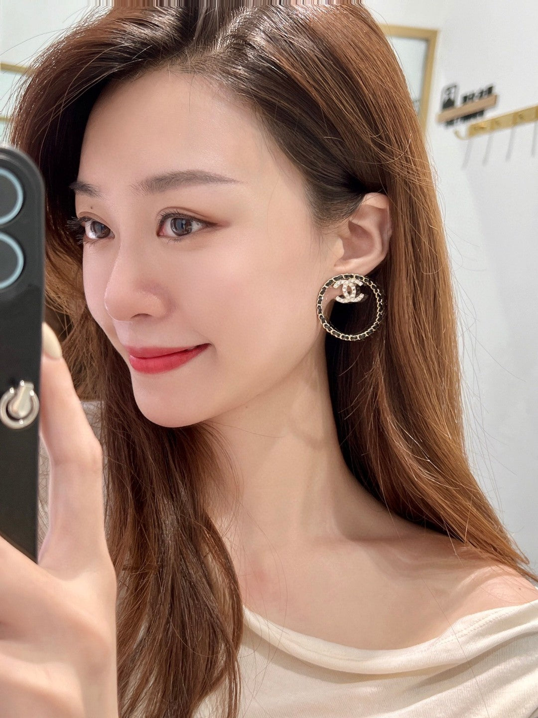18K Chanel Black Leather Circle Earrings