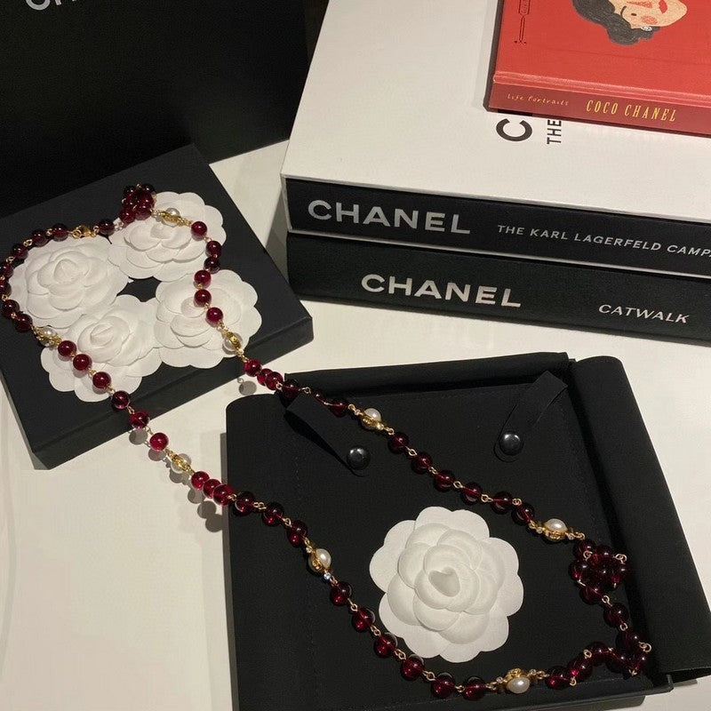 18K Chanel Long Red & White Pearls Necklace