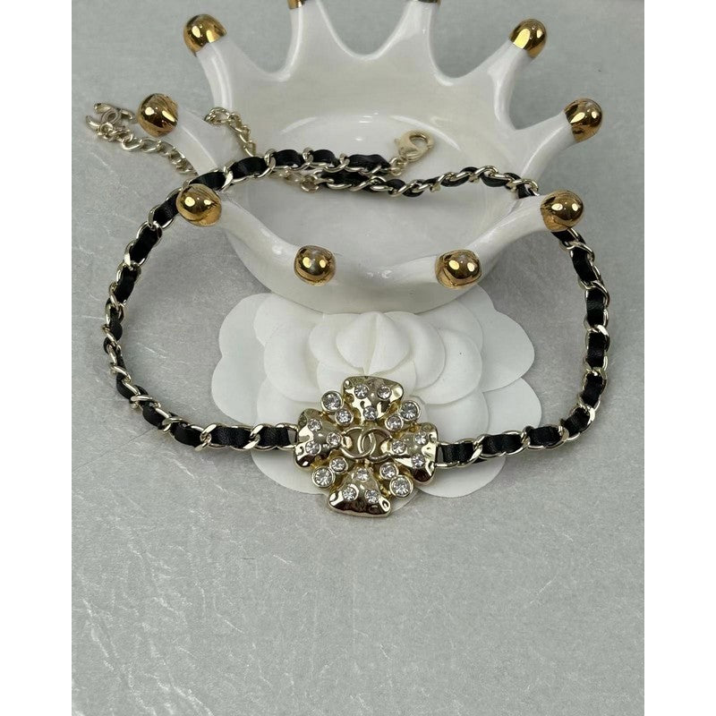18K Chanel Black Leather Flower Necklace