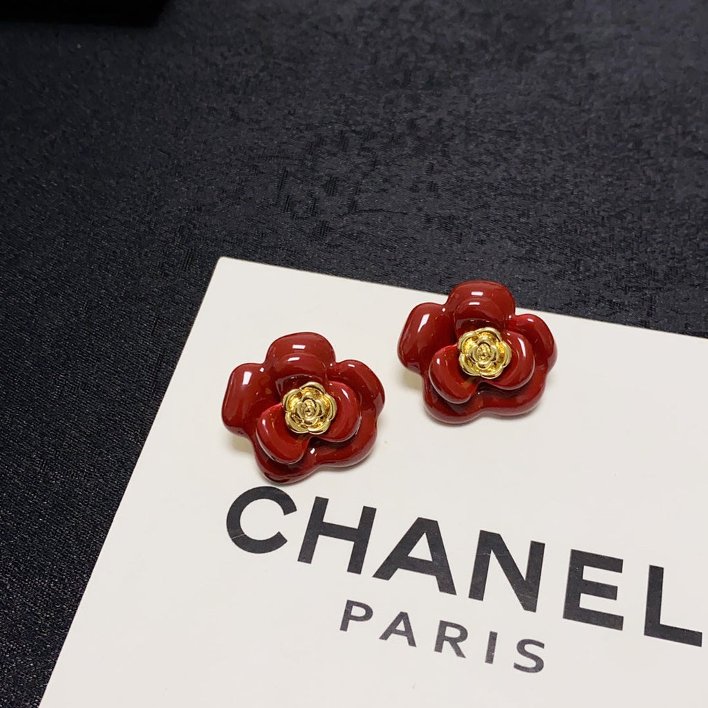 18K Chanel Red Camellia Resin Earrings