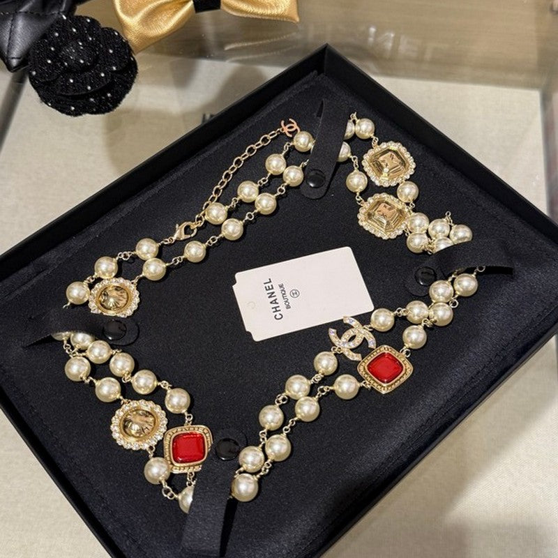 18K Chanel Long Pearl Red Crystals Necklace