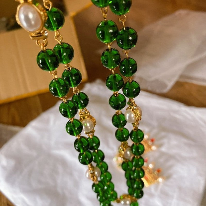 18K Chanel Long Green & White Pearls Necklace
