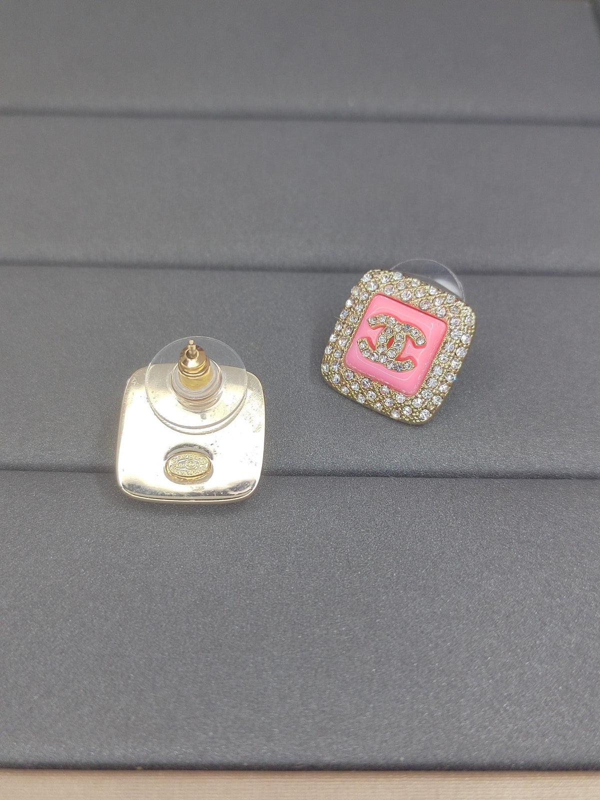 18K Chanel Diamond Square Pink Earrings