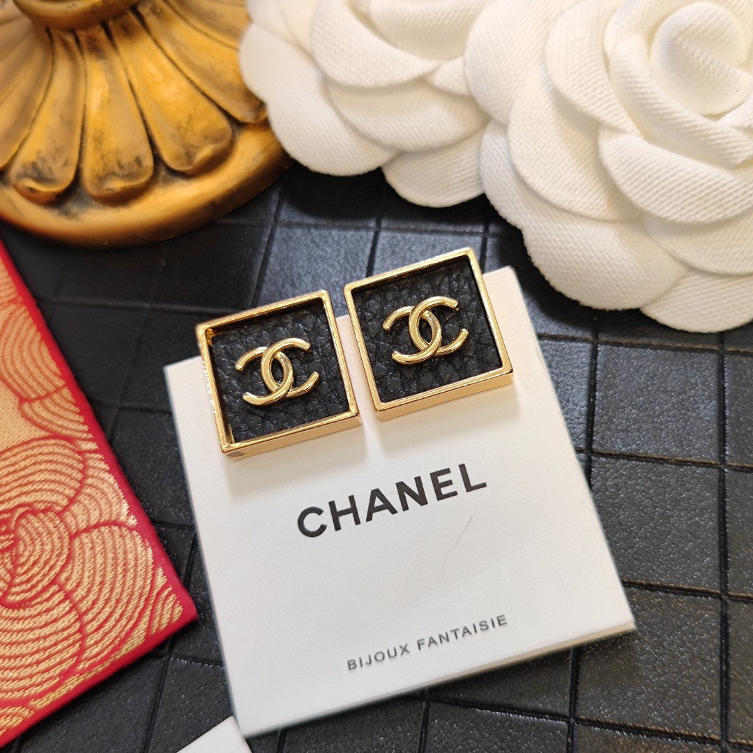 18K Chanel Black Square Earrings