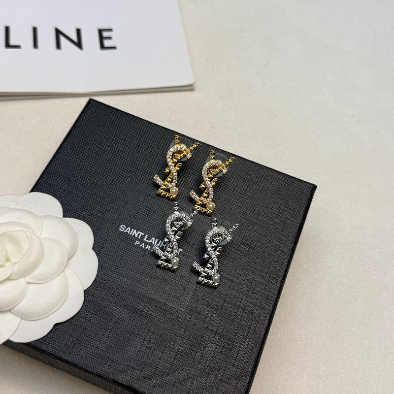 18K Saint Laurent YSL Gold Diamond Earrings